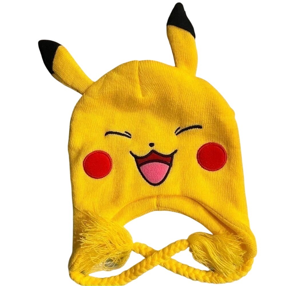 Pokemon Pikachu Peruvian Beanie Yellow Knit Hat with 3D Ears and Braided Straps